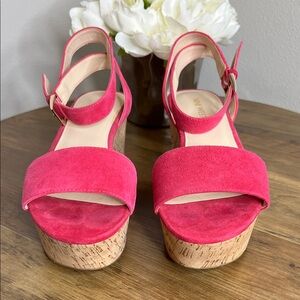 Nine West | Hot Pink Suede Cork Wedge Sandals | Size 8M